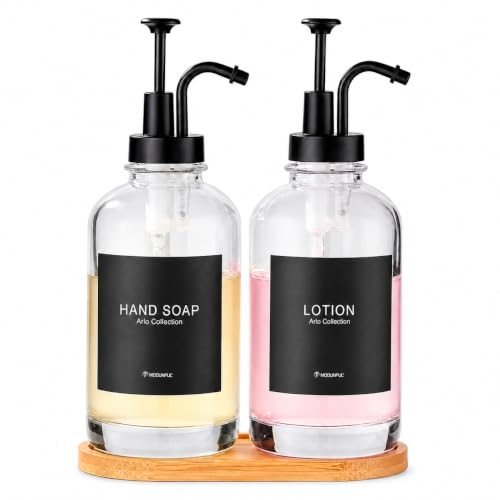 Modunful Glass Countertop Soap Dispenser Set 2 Pack 16.9oz M1 DM2630 White | Bamboo Tray, Silicone Funnel, Residue Free Labels, Black Stainless Steel Pump for Kitchen Bathroom Decor - color: Dm2648-black