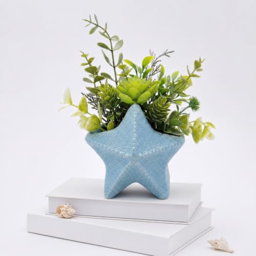 Zhehao 1 Set Beach Room Decor Coastal Artificial Plant Set Vintage Seashell Faux Succulents Plant with Pot for Summer Nautical Ocean Home Bedroom Table Mantel Decoration Gift (Starfish) - style: Starfish