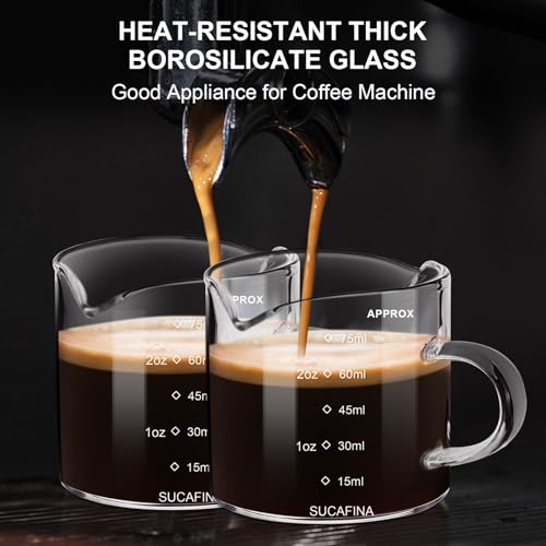 PARACITY Espresso Cup with Handle set of 2, Double Spout Glass Measuring Cup with Dual Scale, Espresso Shot Glass with V-Shaped Mouth, Clear Glass Milk Frothing Pitcher, Espresso Accessories | Dual ounce and milliliter scales, V-shaped mouths and glass ha