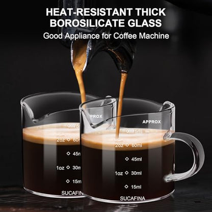 PARACITY Espresso Cup with Handle set of 2, Double Spout Glass Measuring Cup with Dual Scale, Espresso Shot Glass with V-Shaped Mouth, Clear Glass Milk Frothing Pitcher, Espresso Accessories | Dual ounce and milliliter scales, V-shaped mouths and glass ha
