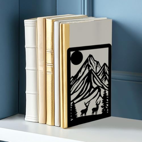 Metal Bookends for Shelves, Mountain and Deer Decorative Book Ends for Heavy Books, Book Stopper Decorative Books, Bookends to Hold Literature for Home Office School Bookshelf Decor - style: Mountain