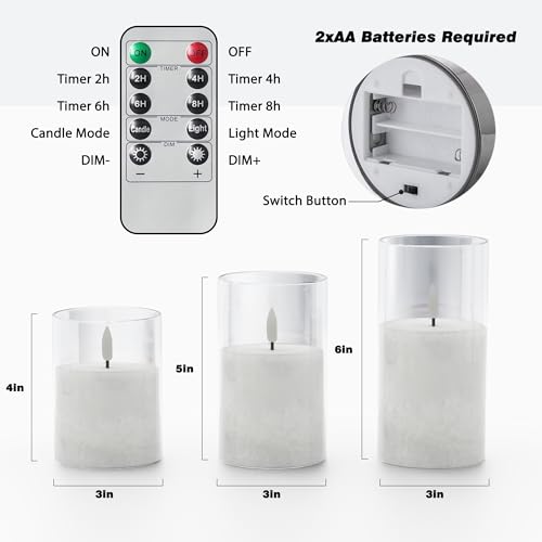 VIODAIM Ice Crystal Real Wax Glass Flameless Candles with Remote & Timer, Battery Operated Candles with Warm Flickering Flame, Realistic LED Candle for Wedding Home Decor [D3×H4/5"/6"] Clear, 3Pack | Real Wax Crystal Texture, D3×H4/5/6", 2/4/6/8H Timer, D
