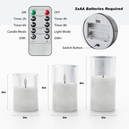 VIODAIM Ice Crystal Real Wax Glass Flameless Candles with Remote & Timer, Battery Operated Candles with Warm Flickering Flame, Realistic LED Candle for Wedding Home Decor [D3×H4/5"/6"] Clear, 3Pack | Real Wax Crystal Texture, D3×H4/5/6", 2/4/6/8H Timer, D