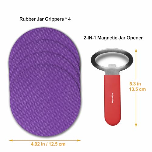 Magnetic Jar Opener Gripper, Jar Openers Top Rated For Seniors Weak Hands, Bottle Opener Built-In, 2-IN-1 Jar & Bottle Opener x 1, Red, Rubber Jar Openers Gripper x 4 - color: Red
