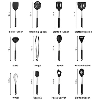 Silicone Cooking Utensil Set: 12 Pieces Kitchen Utensils Non-Stick & Heat Resistance Silicon And Stainless Steel Handles - Black