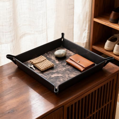 Valet Tray Desktop Storage Organizer – Vegan Leather Catchall Bedside Vanity Tray Nightstand Caddy Holder for Remote Controller, Watch, Keys, Phone, Wallet, Coin, Jewelry, Marble Brown - color: Marble Brown