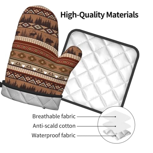 Rustic Bear Deer Oven Mitts and Pot Holder Sets Boho Ethnic Hot Pads Non-Slip Heat Resistant Kitchen Gloves for Baking Cooking Grilling BBQ - color: Rustic Bear Deer
