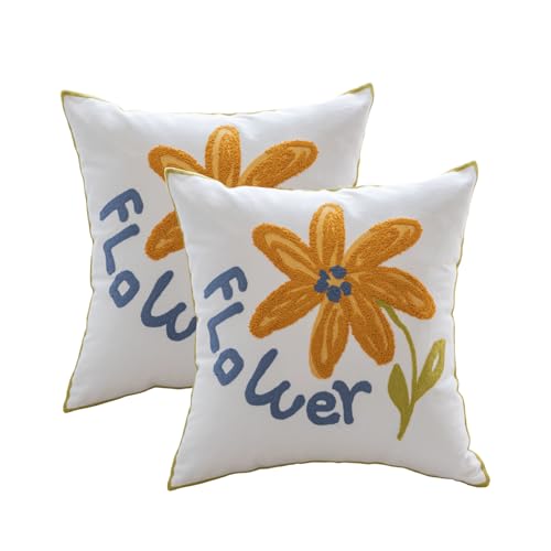 YIcabinet Pillow Covers Set of 2, Embroidered Yellow Flower Pattern Throw Pillow Cover,Square Cotton Cushion,Pillow Case for Sofa Bedroom Couch,18"x18" - color: Yellow15