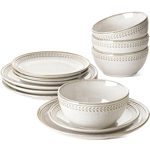 LE TAUCI Plates and Bowls Sets for 4, 12 Piece Ceramic Dinnerware Sets, Kitchen Stoneware Dish Set, Chip Resistant, Microwave & Dishwasher Safe, Reactive Glaze Beige (8"&10" Plate, 27oz Bowl) - size: 4 Set(12pcs)