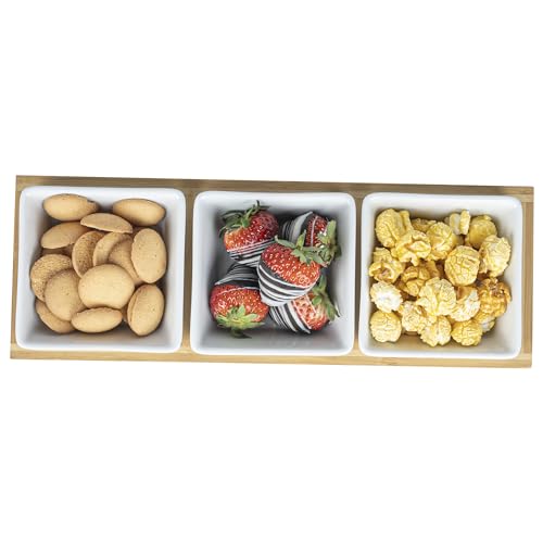 Restaurantware-6 Ounce Bowl Set with Tray - 1 Dishwashable Serving Set, Includes 3 Porcelain Bowls And 1 Bamboo Tray, Durable, White Porcelain And Bamboo Bowl And Platter Kit, Reusable, Freezable - size: Triple set, style: Modern