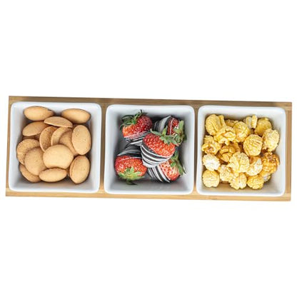 Restaurantware-6 Ounce Bowl Set with Tray - 1 Dishwashable Serving Set, Includes 3 Porcelain Bowls And 1 Bamboo Tray, Durable, White Porcelain And Bamboo Bowl And Platter Kit, Reusable, Freezable - size: Triple set, style: Modern