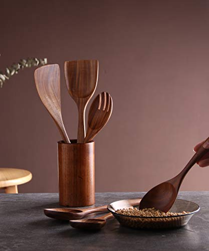 Kitchen Utensils Set, NAYAHOSE Wooden spoons for Cooking Non-stick Pan Kitchen Tool Wooden Cooking Spoons and Wooden utensil storage wooden barrel - size: 7Pcs Set