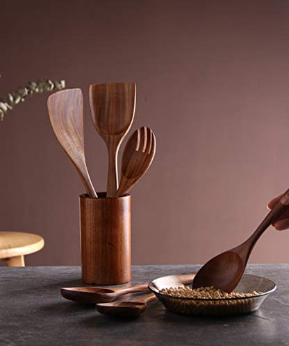 Kitchen Utensils Set, NAYAHOSE Wooden spoons for Cooking Non-stick Pan Kitchen Tool Wooden Cooking Spoons and Wooden utensil storage wooden barrel - size: 7Pcs Set