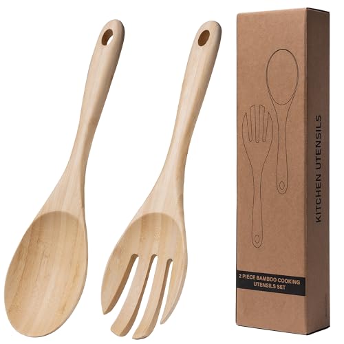 13 Inch Large Premium Bamboo Salad Tongs - Eco Friendly Wooden Serving cooking Spoons,Big Salad hands, 2 pcs kitchen Utensils set - Salad Tosser Forks - Giant Wood Salad Servers - color: Natural Bamboo