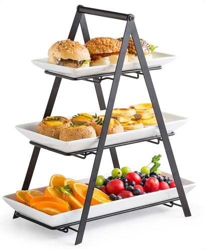 YHOSSEUN 3 Tier Serving Tray Tiered Tray Stand, 10+12+14 Inch, Black | Ceramic Serving Platters and Trays with Metal Rack, Large Serving Trays for Party 3 Tier Serving Stand Dessert Display Set - color: E-black Stand, size: 10+12+14 Inches