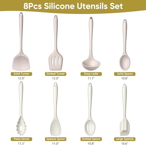 LIANYU 8Pcs Kitchen Utensils Set, Silicone Cooking Utensils Spatula Set for Nonstick Cookware, Include Silicone Spatula, Ladle, Turner, Spoon, Heat Resistant, Dishwasher Safe, Khaki White - color: Khaki White
