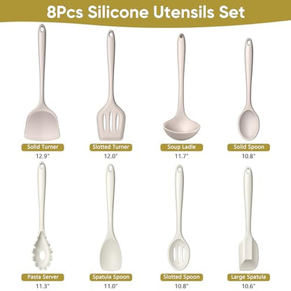 LIANYU 8Pcs Kitchen Utensils Set, Silicone Cooking Utensils Spatula Set for Nonstick Cookware, Include Silicone Spatula, Ladle, Turner, Spoon, Heat Resistant, Dishwasher Safe, Khaki White - color: Khaki White