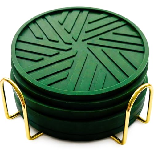 Silicone Drink Coasters, Set of 6, with Groove Patterns and Gold Holder - Olive Green - color: Olive Green