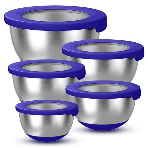 KITEISCAT Stainless Steel Mixing Bowls with Lids – Set of 5 Large Nesting Metal Bowls for Kitchen, Baking, Cooking, Food Prep & Storage, Non-Slip Base, Dishwasher Safe,Blue - color: Blue