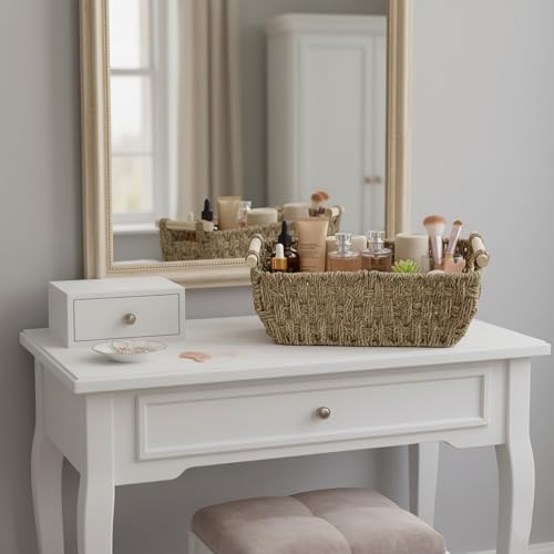 MyGift Hand-Woven Seagrass Bathroom Hand Towel Holder Basket with Wooden Handle, Rustic Countertop Storage Organizer for Towels & Toiletries