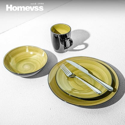 HomeVss Sonoma 16 Piece Stoneware Dinner Set, Outside Black + Inside Handpainted Color Green with Black speckle - color: Green