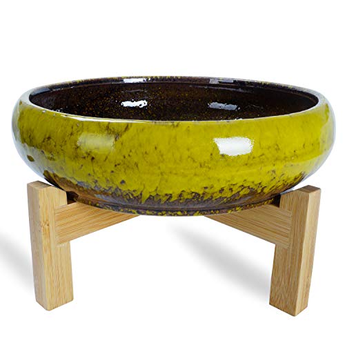 ARTKETTY Ceramic Succulent Planter, 10 inch with Stand, 2.2lb Lava Rock Pebbles, Planting Tools - Indoor Plants Planter, Yellow - color: Yellow With Mix Lava Rock Pebbles