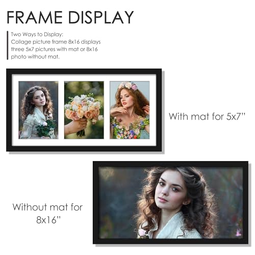 DUENPY 8x16 Collage Picture Frame, 5x7 Collage Picture Frame Displays Three 5x7 inch Photos, or 8x16 (Without Mat) for Available Horizontal Wall Mounting Display and Vertical, Black. | Wall Mount Display, Horizontal & Vertical, 8x14 (Without Mat) Photo Fr