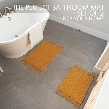 KIBAGA Set of 2 Soft Boho Bathroom Rugs - Beautiful Boho Cotton Rugs that Fit Perfectly Into Your Bath or Kitchen - Washable, Non-Slip Mats Ideal to Enhance Your Modern Home Decor
