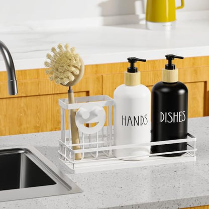Moforoco Kitchen Dish Soap Dispenser Set, 16OZ Glass Bottle, Hand and Dish Soap Dispenser Set, Instant Dry Tray, Brush Holder with Smiley Face Sponge Holder (White Tray+Black&White Bottle) - color: White Tray+black&white Bottle