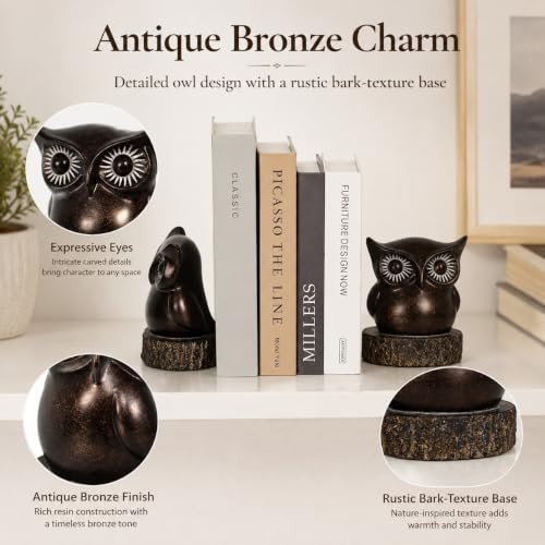 Owl Bookends for Shelves, Resin Book Ends Set of 2 | Anti-Slip Base, Antique Bronze Owl Design, Office Bookshelf Decor - style: Whimsical