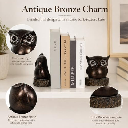 Owl Bookends for Shelves, Resin Book Ends Set of 2 | Anti-Slip Base, Antique Bronze Owl Design, Office Bookshelf Decor - style: Whimsical