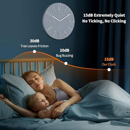 12 Inch Wall Clock Silent Non Ticking, 3D Relief Numbers Modern Style Decor Clock for Living Room Bedroom Kitchen Home Office School (Blue Grey)