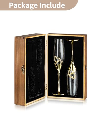 NUPTIO Crystal Champagne Flutes, Wedding Gifts for Couple, Gold, Set of 2 | Rhinestone Rimmed Heart Toasting Glasses with Wooden Gift Box for Engagement, Anniversary, Party, Bridal Showers, 6.76oz - color: Gold