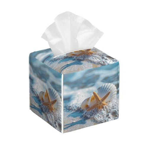 Shells Starfish on Beach Tissue Box Cover Square,Summer Ocean Shells Starfish Tissue Box Holder Waterproof Leather Facial Paper Organizer Dispenser for Bathroom Home Car Nightstand Vanity Desk - color: Color-14