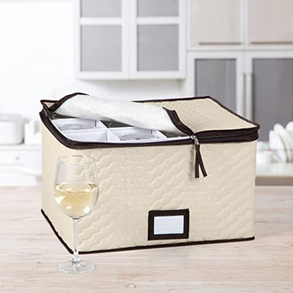 Wine Glass Storage Box with Dividers, Holds 12 Glasses up to 3.75" Wide | Stemware Storage Case, Protects Fine China, Durable Quilted Microfiber, Carry Handles, Ideal for White Wine - size: Red & White Wine, style: 1 Pack