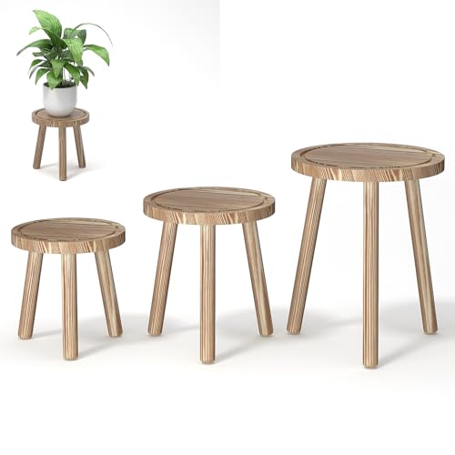 3-Pack Wood Plant Stands Indoor, Single Plant Stand for 6-12 Inch Pots, Mid-Century Modern Plant Stool, Tall Plant Stand for Large Plants for Living Room, Balcony, Office (Light Brown - color: light burnt color, size: 3 Pack