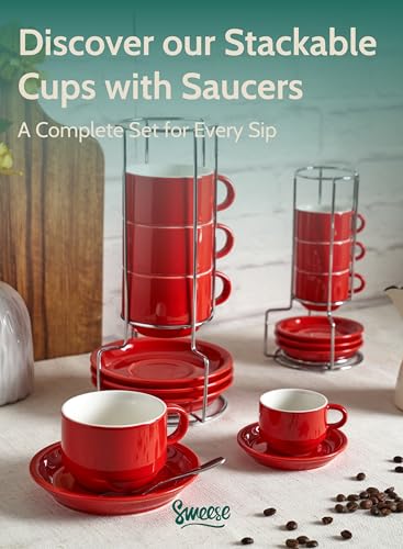 Sweese 2.5 Ounce Porcelain Stackable Espresso Cups with Saucers and Metal Stand Set of 4, Red - color: Red, size: 2.5 Ounces