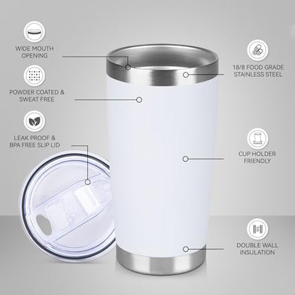 20 oz Tumbler Stainless Steel Tumblers Bulk with Lid Double Wall Insulated Coffee Tumbler Cups for Hot & Cold Drinks Powder Coated Travel Coffee Tumbler Mug Metal (White, 1 pack) - color: White, size: 20 Ounces