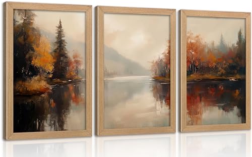 Framed Autumn Forest Lake Wall Art Set, Lake Landscape Oil Painting Canvas Prints, Country Mountain Landscape Wall Decor, Saffron Yellow Tree Landscape Poster Artwork,for Living Room Bedroom Office - color: Mangrove, size: 16"Lx12"W