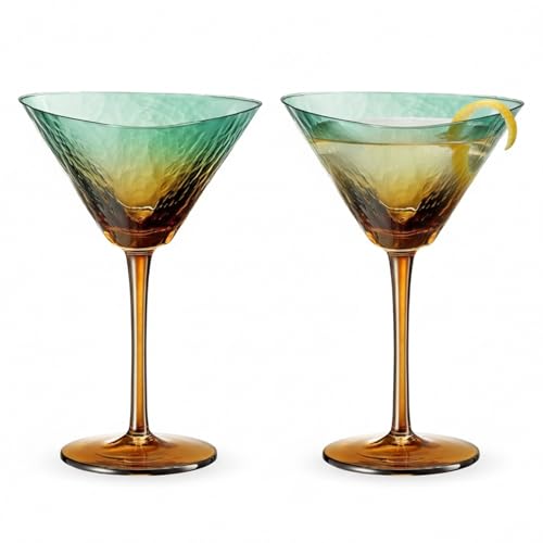Gold and Teal Hammered Martini Glasses, 2 Set, 7.5oz Stemmed Coupe Art Deco Vintage Glassware Wine Champagne Cocktail Margarita Muted Pastel Goblet Elegant Wedding Anniversary Celebration Gift Ideas - color: Coupe