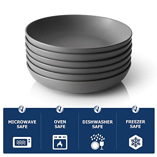 Y YHY Pasta Bowls Set of 6, Large Salad Serving Bowls, Porcelain Soup Bowls 30 Ounces, Wide and Flat, Microwave Dishwasher Safe, Matte Grey - color: Matte Gray, size: 30 oz
