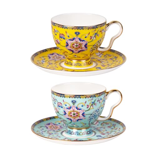 KAMMAK Tea Cup and Saucer, Ceramic Coffee Cups, 7.4 oz, Set of 2 | Porcelain Tea Cups with Saucers for Coffee and Cappuccino, Ideal for Breakfast, Afternoon Tea and Entertaining,940+941N - style: 641N+642N