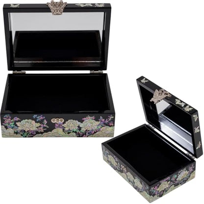 Korean Mother-of-Pearl Keepsake Box with Mirror – Floral & Butterfly Inlay – Handmade Trinket Memory Box – Black Lacquer Gift for Women, Birthday, Anniversary, Christmas (Peony & Butterfly) - style: Peony & Butterfly