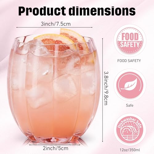 Remerry 6 Pack Pink Stemless Glasses Petal Glass 12oz (350ml) Wine Glass Cups Hand Blown Drinking Glasses for Cocktail, Juice & Various Mixed Drinks for Galentine Wedding Party Reception Grand Event - color: Pink