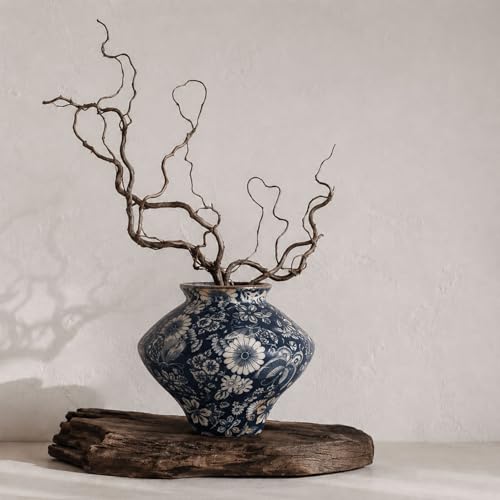 Wabi Sabi Rusty Vintage Vase, 6.3" Tall Wabi Sabi Decor Rustic Farmhouse Pottery Vase for Centerpiece, Textured Pottery Flower Vases for Home Decor, Table, Living Room, Bathroom, Kitchen (6.3 in) - color: Blue White Floral, size: 6.3 in