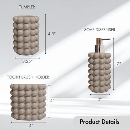 Better Trends Bathroom Accessories Set 3 Pieces Resin Bubble Textured Soap Dispenser, Toothbrush Holder & Tumbler for Vanity, Kitchen Sink & Countertop Organization Beige Nova Collection - color: Beige