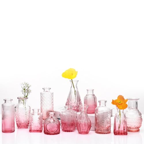 Bud Vases Set of 12,Glass Bud Vases in Bulk,Small Flower Vases for Centerpieces,Mini Vintage Vase for Wedding, Home Table Decor,Christmas,Party Decoration,Pink - color: 12pcs-pink