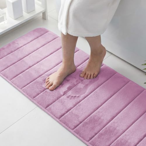 Flamingo P Non Slip Memory Foam Shower Bath Mat Rug, Quick Dry Absorbent 47x17 Inches Bathroom Mats Machine Wash, Lilac - color: Lilac Straight Line, size: 47" x 17"