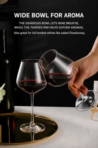 Pinot Noir Wine Glasses Set of 4, Burgundy Crystal, Thin Stem | 17 oz Wide Bowl, Hand Blown, Lead-Free, Laser Cold-Cut 1mm Rim, Seamless Solid Stem, Dishwasher Safe, Protective Gift Box