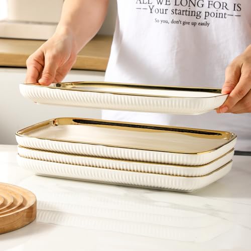 LETAOTAO Serving Platters, Ceramic Serving Platters Set of 4, 12 Inch Rectangular Serving Trays Dishes for Party Entertaining, White Dinner Plates with Gold Trim for Sushi Desserts Appetizers Salad - color: Rectangular White and Gold-4 Pcs